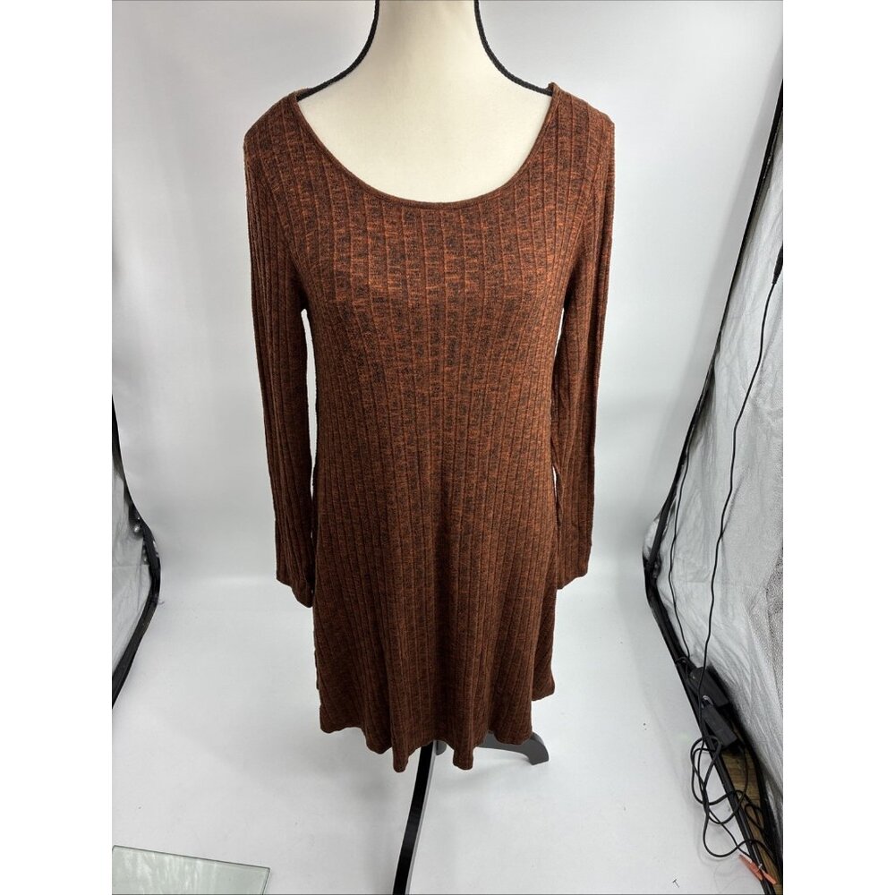 Michael Stars Womens Size M Rust Brown Ribbed Knit Long Sleeve Swing Dress
